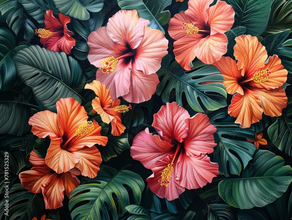 Tropical paradise with lush hibiscus and vibrant leafy foliage, embodying exotic natural beauty.