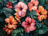 Tropical paradise with lush hibiscus and vibrant leafy foliage, embodying exotic natural beauty.