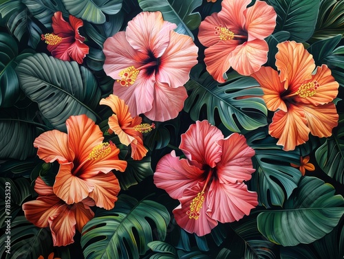 Tropical paradise with lush hibiscus and vibrant leafy foliage  embodying exotic natural beauty.