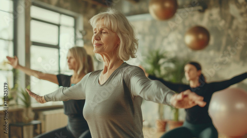 Pilates, Wellness And Group Of Senior Women Doing A Mind, Body And Spiritual Exercise In Studio. Health, Retirement And Elderly Friends Doing Yoga Workout In Zen Class For Peace, Balance And Fitness.