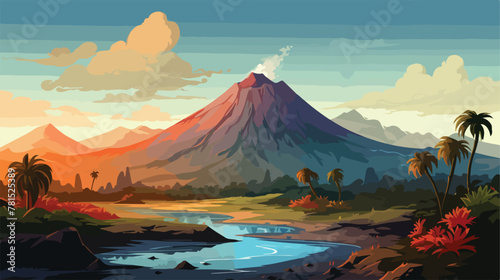 Landscape fantasy Island with volcano. Cartoon styl
