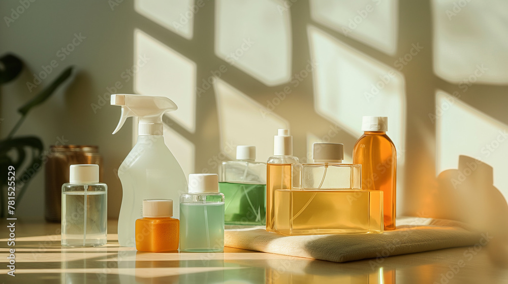 A close-up of a variety of cleaning products in refillable containers, part of a zero-waste shop initiative. The containers are bathed in sunlight, which casts soft shadows and hig A close-up of a variety of cleaning products in refillable containers, part of a zero-waste shop initiative. The containers are bathed in sunlight, which casts soft shadows and hig
