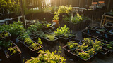 A community garden that uses recycled plastic containers as planters, demonstrating a practical application of repurposing single-use plastics. The garden is lit by the late aftern