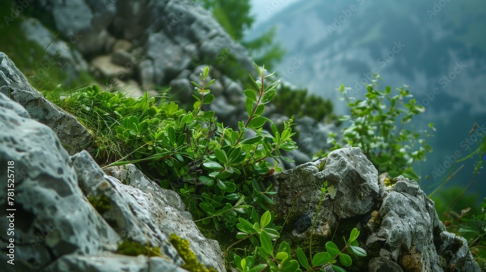 Small plant grows rocks mountain