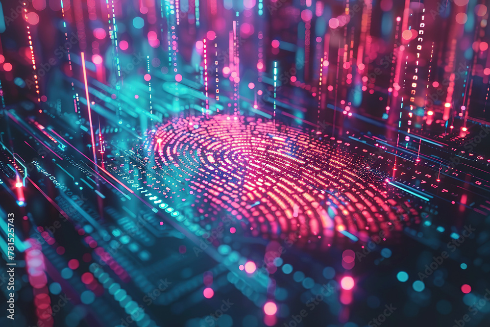 Glowing fingerprint on futuristic biometric technology background