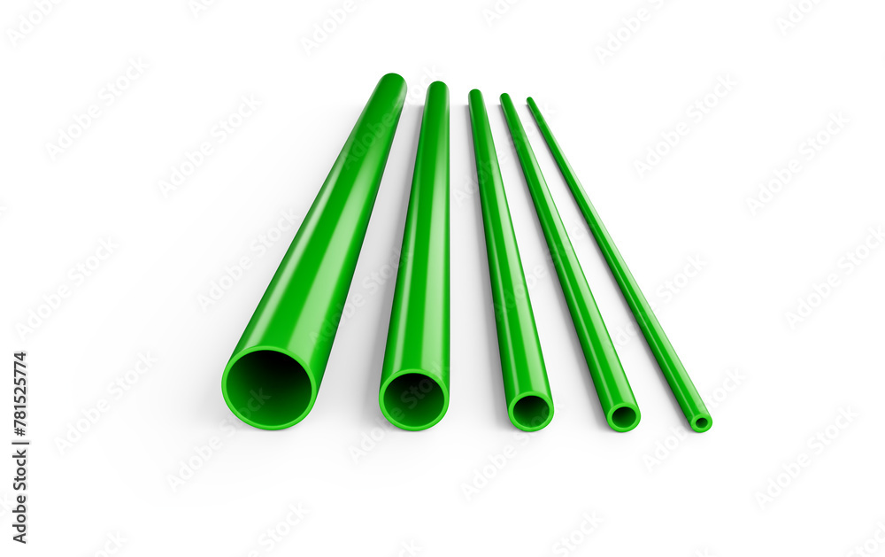 3D Shiny Green PVC Pipes Of Different Diameters Plumbing Concept On White Background 3D Illustration 3D Shiny Green PVC Pipes Of Different Diameters Plumbing Concept On White Background 3D Illustration