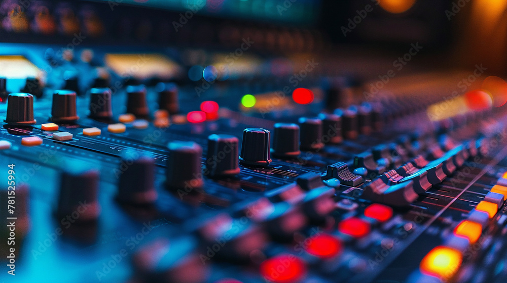 Professional Sound Studio Scene. Intricate Audio Equipment. Audio Mixing Console In A Streaming. Live Broadcast. Or Recording Session. Channel Faders Close Up. Side View. Shallow Depth Of Field.