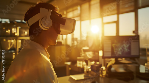 A virtual reality  VR  setup in a laboratory  where a scientist explores a 3D model of a chemical compound and its potential environmental impact. The sunlight streaming through ne