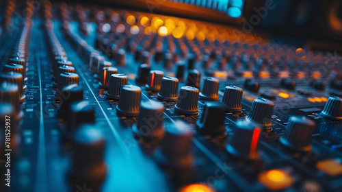 Professional Sound Studio Scene. Intricate Audio Equipment. Audio Mixing Console In A Streaming. Live Broadcast. Or Recording Session. Channel Faders Close Up. Side View. Shallow Depth Of Field. photo