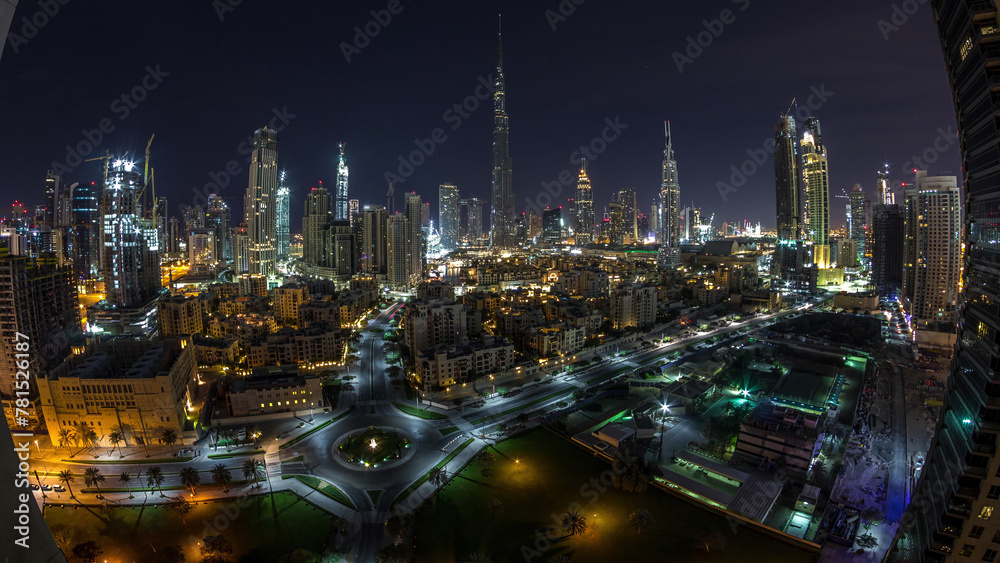 Dubai Downtown skyline night to day timelapse with Burj Khalifa and other towers panoramic view from the top in Dubai Dubai Downtown skyline night to day timelapse with Burj Khalifa and other towers panoramic view from the top in Dubai