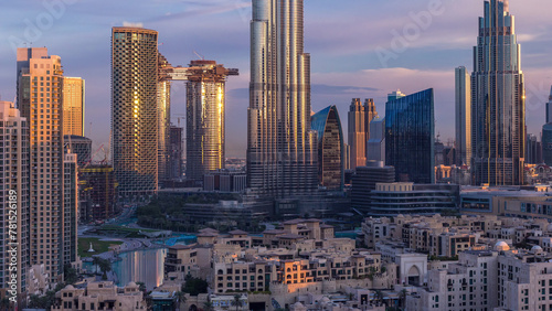 Dubai Downtown skyline during sunrise timelapse with Burj Khalifa and other towers panoramic view from the top in Dubai © neiezhmakov