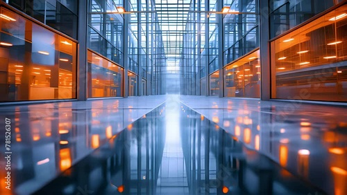 Modern office building with a large wide corridor and glass partitions inside photo