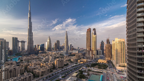 Photography Dubai Downtown skyline day to night timelapse with Burj Khalifa and other towers