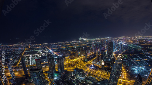 Downtown of Dubai night to day timelapse before sunrise. Aerial view with towers and skyscrapers