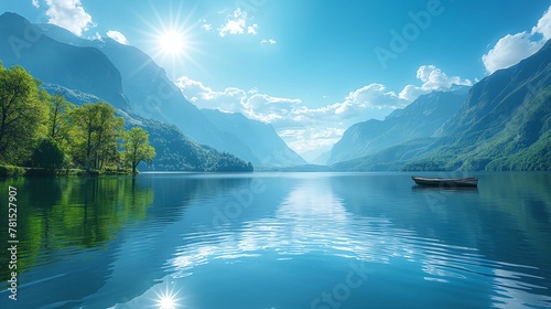 The image features a river flowing over rocks, with a waterfall and a lush forest in the background. The sky is blue with white clouds, and the sun is shining brightly Generate AI