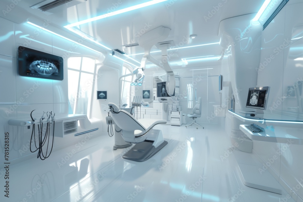 In this futuristic dental office, a sleek and modern aesthetic prevails with white walls and accents of blue, creating a calming atmosphere
