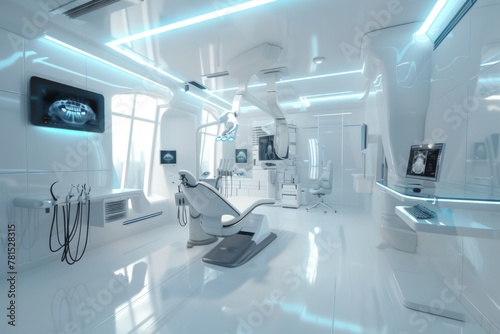 In this futuristic dental office, a sleek and modern aesthetic prevails with white walls and accents of blue, creating a calming atmosphere 