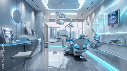 In this futuristic dental office  a sleek and modern aesthetic prevails with white walls and accents of blue  creating a calming atmosphere 