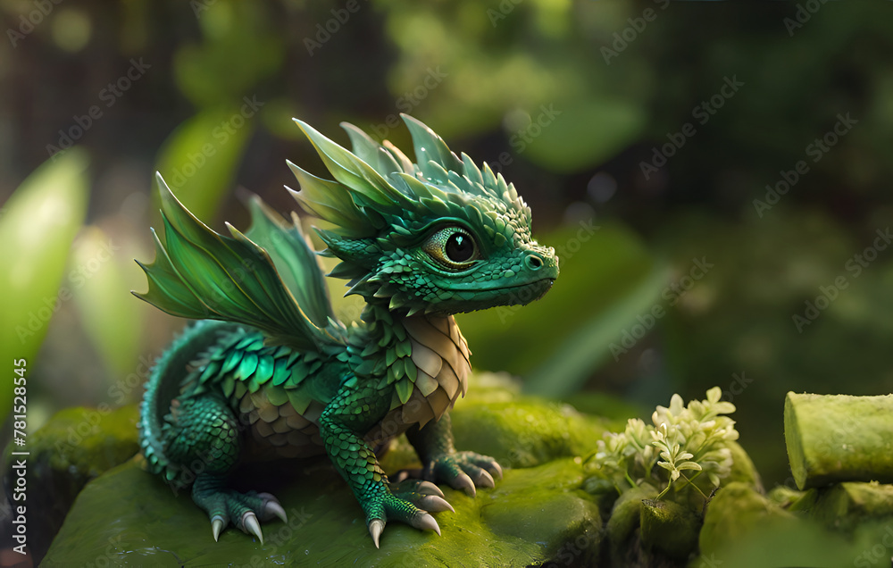 adorable dragon kid seating at moss rock. Digital artwork. AI generated