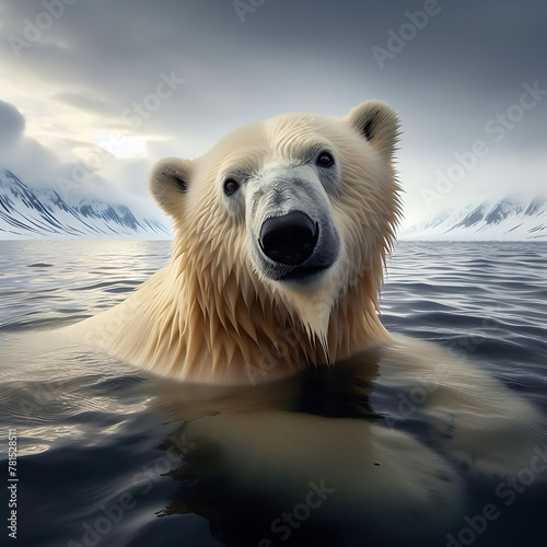 polar bear in water in winter season in Antarctica.  polar bear in water. polar bear in winter. Ursus maritimus. bear. white bear. Grizzly polar bear hybrid. Ursus. Ursus arctos. Kodiak bear.  photo