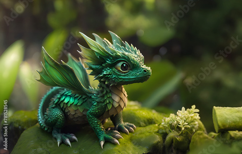 Obraz na płótnie adorable dragon kid seating at moss rock. Digital artwork. AI generated w salonie