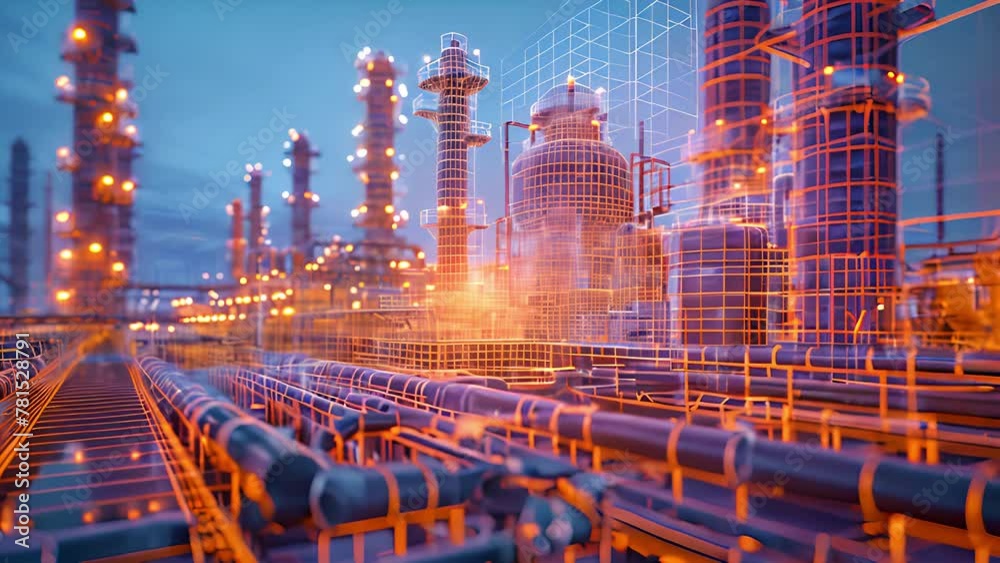 Virtual abstract industrial factory with holographic wireframe mesh and glowing objects