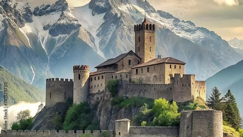 An impregnable fairy-tale castle against a mountainous backdrop. Nestled amidst the rugged peaks, it paints a picture of timeless beauty and strength. It’s a scene straight out of a storybook, where m photo