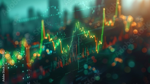 Market analysis graph, eye level, prominent green arrow, rising figures, symbolizing stock price surge