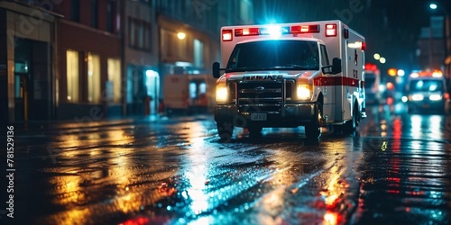 Ambulance Races Through Wet Night Street. A brightly lit ambulance with flashing red and blue lights streaks down a city street at night. The street is wet and reflects the colored lights © chick_david
