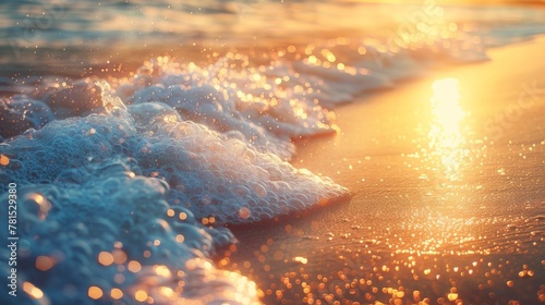 Bokeh and glitter on ocean waves at sunset, eye level, golden hour lighting, tranquil scene photo