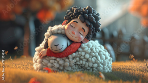 3D illustration of a child hugging a sheep. Eid al-Adha concept. 