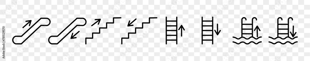 Escalator icon. Vertical staircase climbing direction outline icon. Escalator, Steps, elevator or vertical staircase elevator vector icon Escalator icon. Vertical staircase climbing direction outline icon. Escalator, Steps, elevator or vertical staircase elevator vector icon