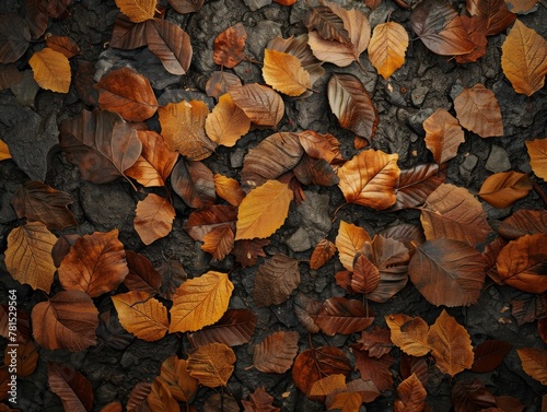 Forest floor, top view, autumn leaves, rich earth tones, natural mosaic texture