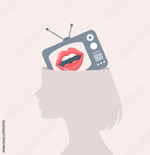 Silhouette of a woman with a TV inside her head and a talking mouth on the screen. Flat vector illustration