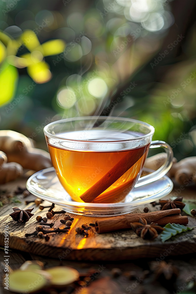 tea with ginger and cinnamon on the background of nature tea with ginger and cinnamon on the background of nature