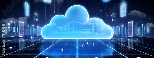 cloud computing technology concept transfer database to cloud. There is a prominent large cloud icon in the center and a small white icon on the connected polygons with a dark blue background.