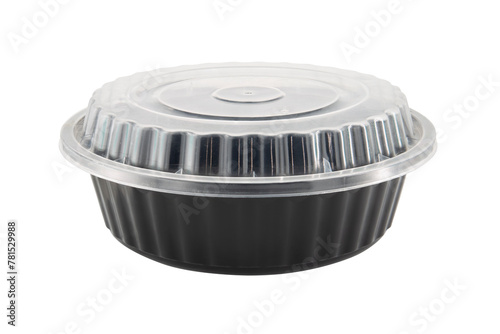 A black rounded food tray With Clear Plastic Cover isolated on white background