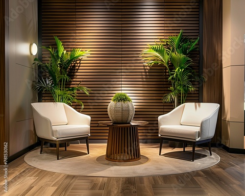 Design a welcoming entrance area with comfortable seating, greenery, and ambient lighting to greet clients and visitors as they arrive ,clean sharp focus