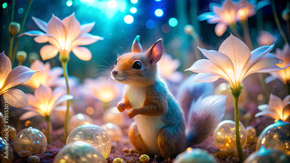 A cute squirrel, in the glowing flower garden, a fantasy land. A cute squirrel, in the glowing flower garden, a fantasy land.