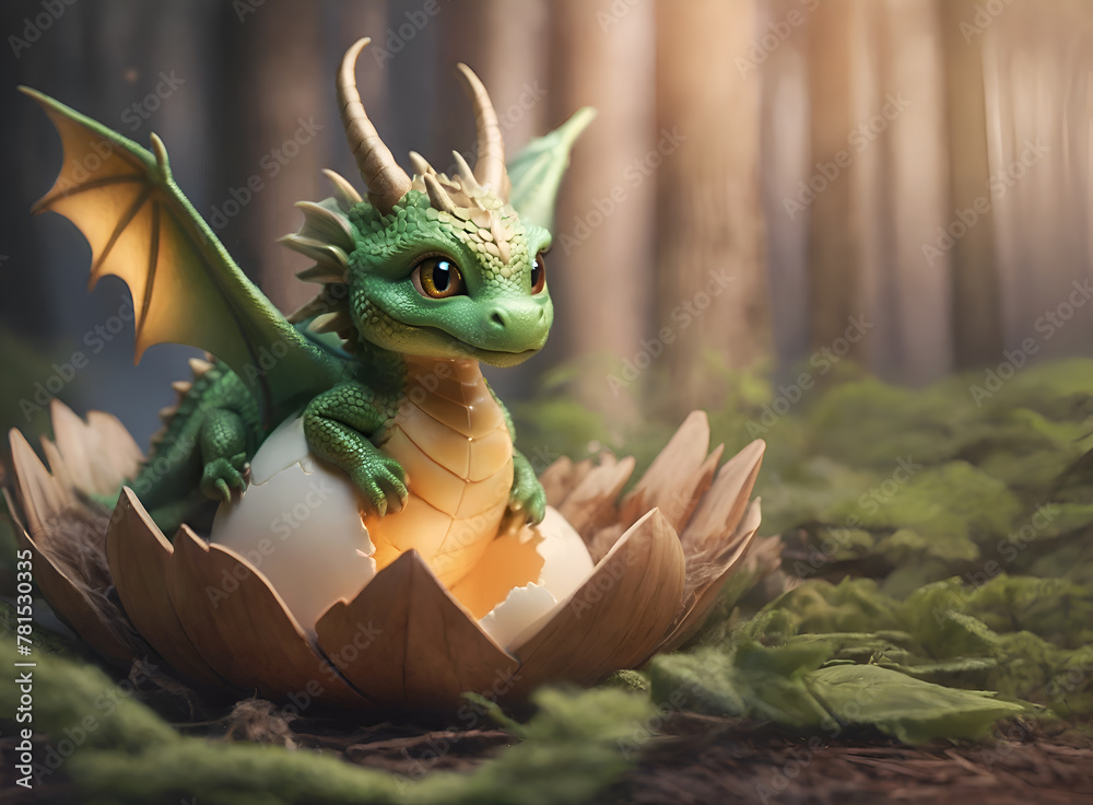 adorable newborn dragon kid hatch off from his egg . Digital artwork. AI generated