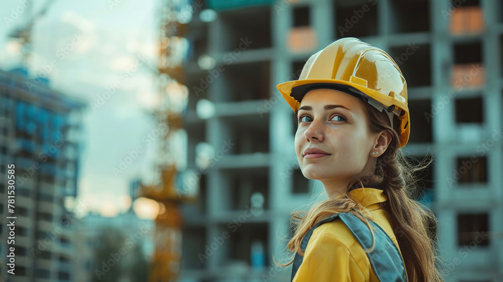 a woman in overalls against the background of construction a woman in overalls against the background of construction
