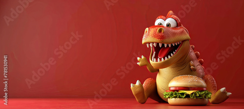 Dinosaur eating burger, red background 