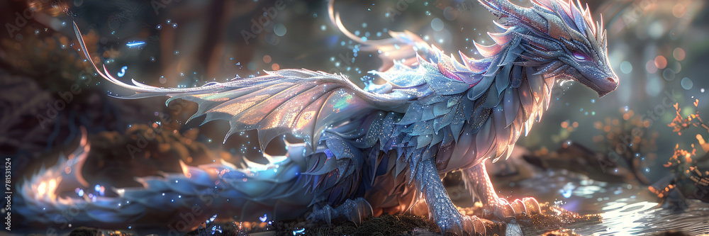 Obraz premium Majestic dragon with iridescent scales beside a forest stream, a scene from a mythical narrative.