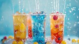 Fizz bubble refreshing carbonated soda drink. Spring or summer cold cocktail, water and splashes on colorful background. Generative ai