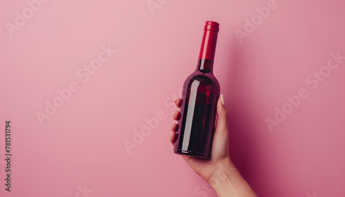Female hand holding bottle of red wine on pink background