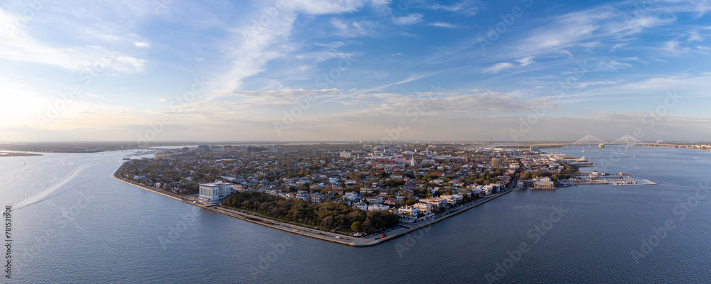 Fototapeta premium Charleston, South Carolina Aerial Skyline Panorama at Sunset from the Battery.