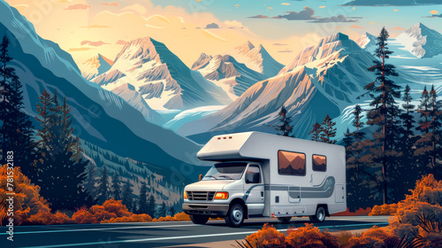 Traveling in style: vibrant illustration of a modern motorhome photo