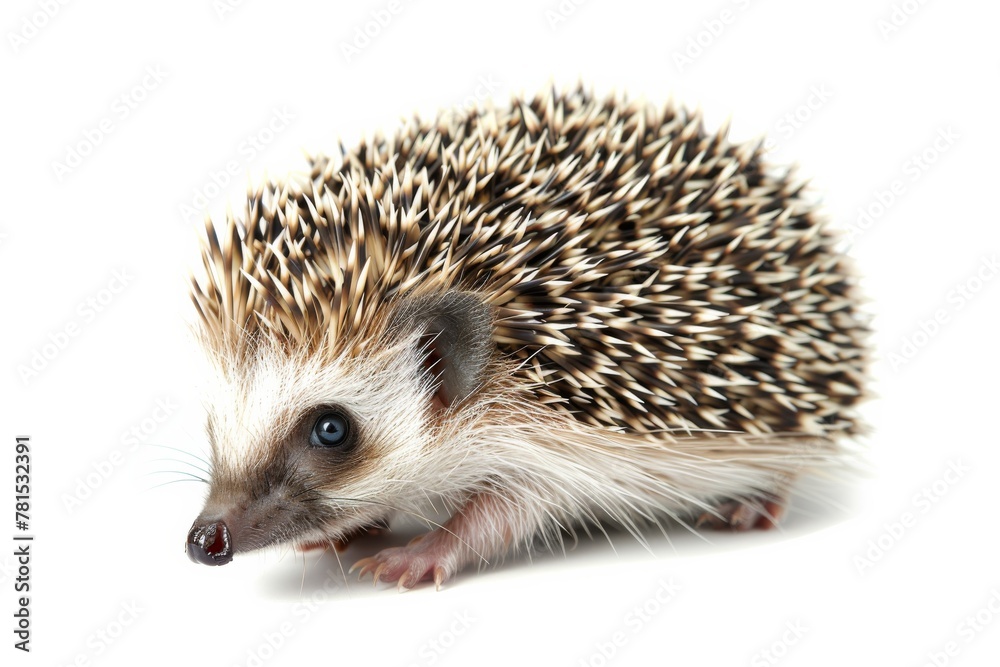 A detailed close-up photograph of a small hedgehog facing left, isolated on a white background, perfect for animal-themed projects A detailed close-up photograph of a small hedgehog facing left, isolated on a white background, perfect for animal-themed projects