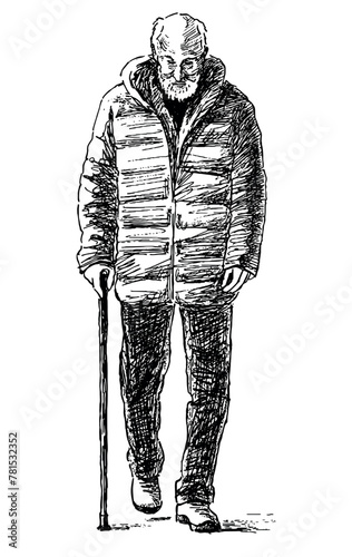 Senior man, old people;walking cane; gray hair; beard,aged;elderly;one person;hand drawn; isolated on white; black and white;illustration; outdoor,vector, sketch, drawing,weak,realistic