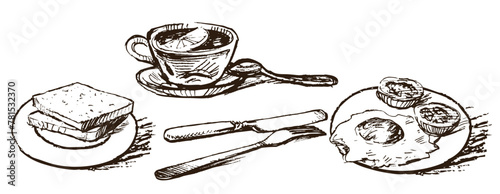 Tea,lemon,knife,crokery, fork, fried eggs, tomatoes,teacup,bread,breakfast,dishes, pastry,fresh,sketch,hand drawn,illustration,contour drawing, teaspoon,outline,cafe,vector,sliced bread,hot,drink